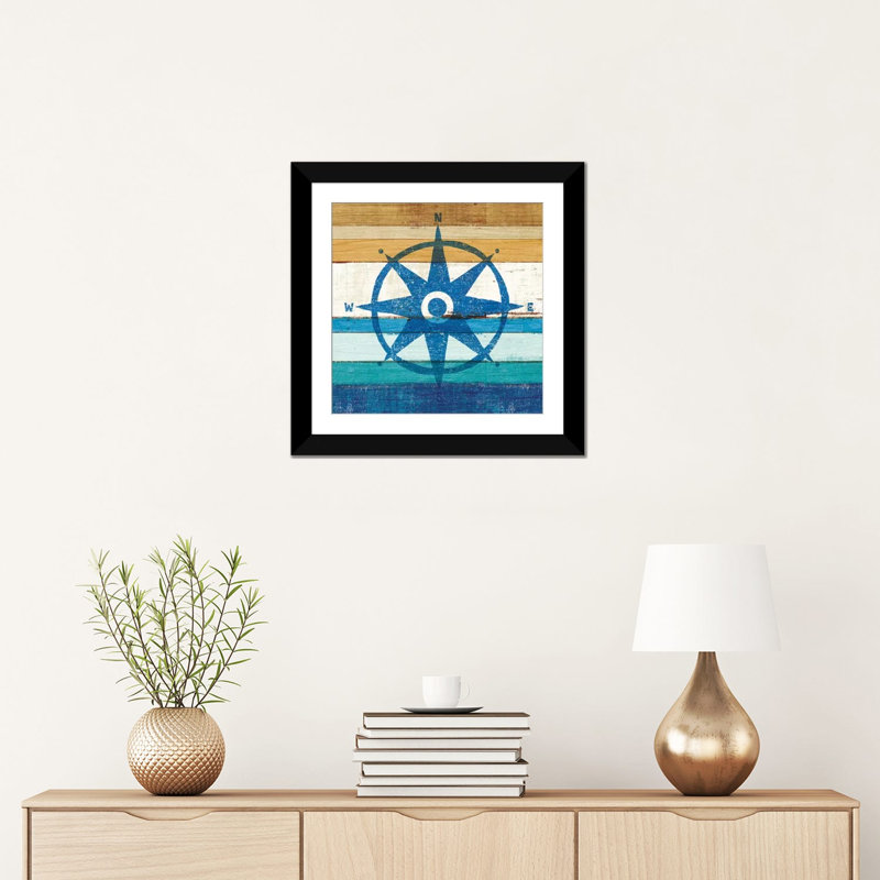 «Beachscape Series: Compass I», impression sur toile, H 16 po x l 16 po x P 1 po, Papier d'art encadré noir, Blanc