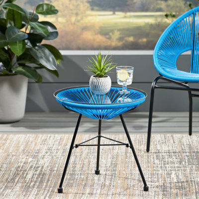 Table d'appoint en verre trempé avec base tissée bleue, l 17,34 po x P 17,34 po, H 17,54 po