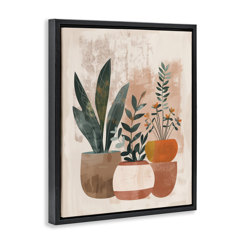 Cadre flottant Earthy Boho Plantes en pot, design par LSR Creative Studio, Cadre flottant noir de jais, H 21 po x l 17 po