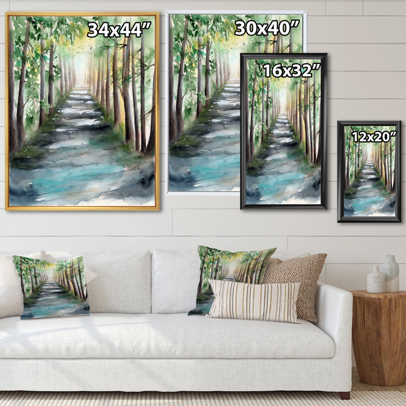 «A Sunlit Forest Alley with Tree Shadows I», peinture sur toile, H 32 po x l 24 po, Cadre flottant érable
