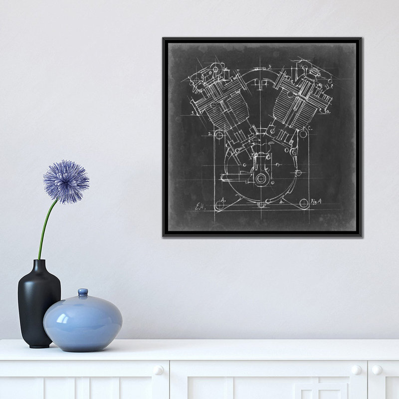 « Motorcycle Engine Blueprint II » par Ethan Harper, reproduction d’art, H 18 po x l 18 po x 1,5 po, Toile avec cadre noir