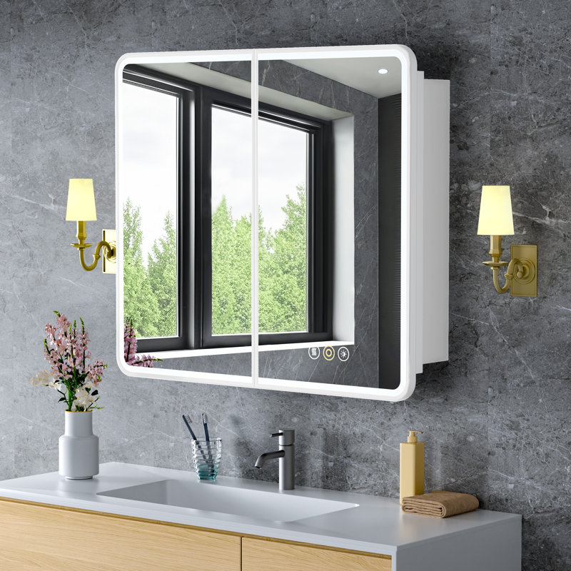 Armoire à pharmacie encastrée avec cadre en fer blanc 36 po x l 30 po avec miroirs anti-buée, tablettes réglables en verre, éclairage à intensité variable et fonction de mémoire pour le maquillage, le rasage ou le rangement de la salle de bain Khatra