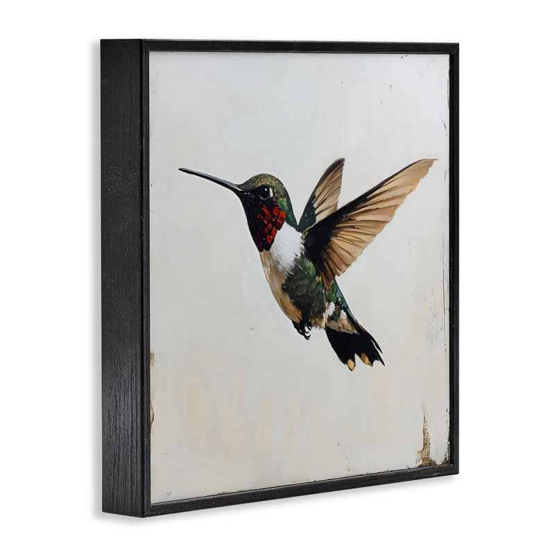 Estampe colibri sur bois rustique patiné, design by Creative Studio, Giclée encadrée noir minuit, H 12 po x l 12 po