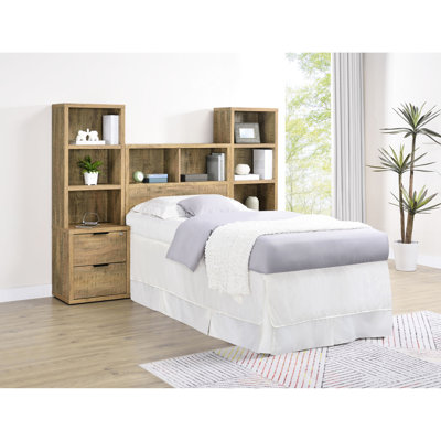 Chambre à coucher simple de 3 pièces: tête de lit bibliothèque, tables de chevet avec ports intégrés, finition manguier, rangement organisé
