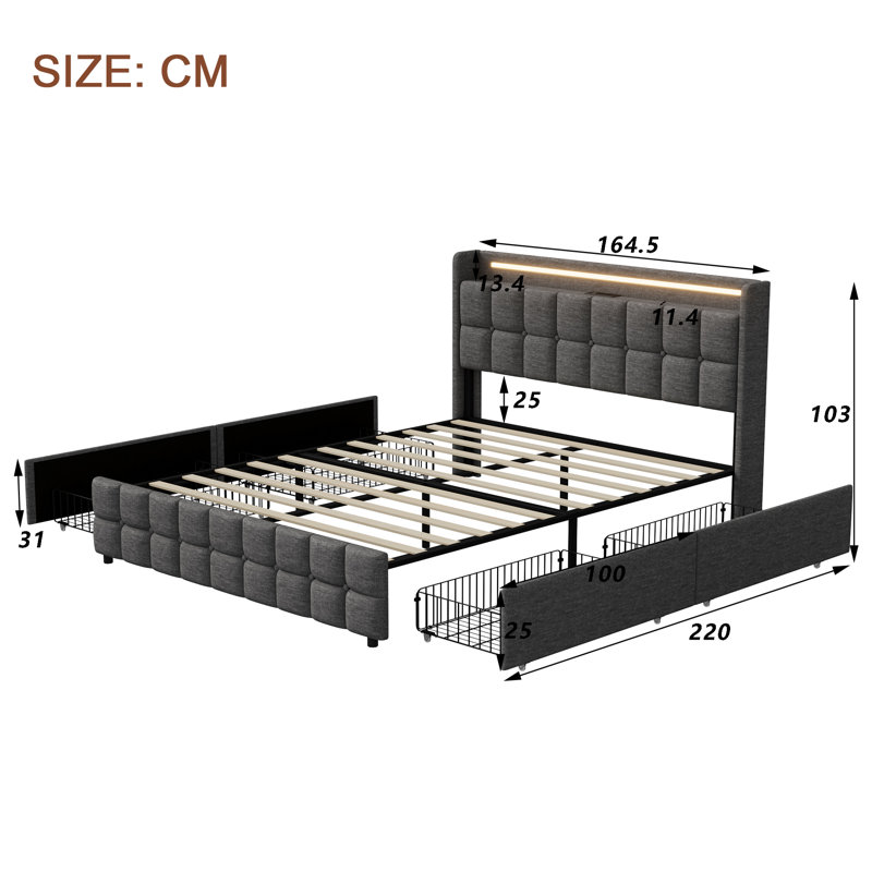 EU King Upholstered Storage Bed with LED Headboard, Upholstered Frame with 4 Storage Drawers & EU Sockets, Beige/Grey Linen, 160x200cm 