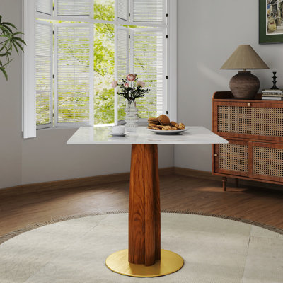 Table de salle à manger moderne carrée, table en pierre frittée de 33,5 po avec pieds en bois et base dorée, table de cuisine pour 2 personnes pour petit espace, capacité de poids de 150 lb (seulement la table de Négociation)