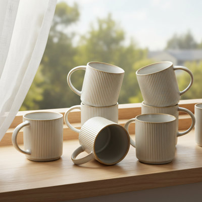 Ensemble de 6 tasses en céramique en forme d'étoile à six portions avec poignée, ensemble cappuccino blanc / café / thé.