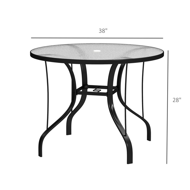 Table bistro 38 po avec trou pour parasol, table de bistro pour l'extérieur, cadre en verre trempé, pour terrasse, jardin, balcon, pelouse, piscine, noir