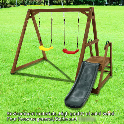 Backyard Swing - 2 In 1 Outdoor With Slide & Climbing Rope , Solid Wood, 3 10 Years, 120Cm Long Slide, Heavy-Duty Legs, Broad Beam, Reinforced Corner Supports, Stable Angled , 98.8L X 94.5W 65.9H