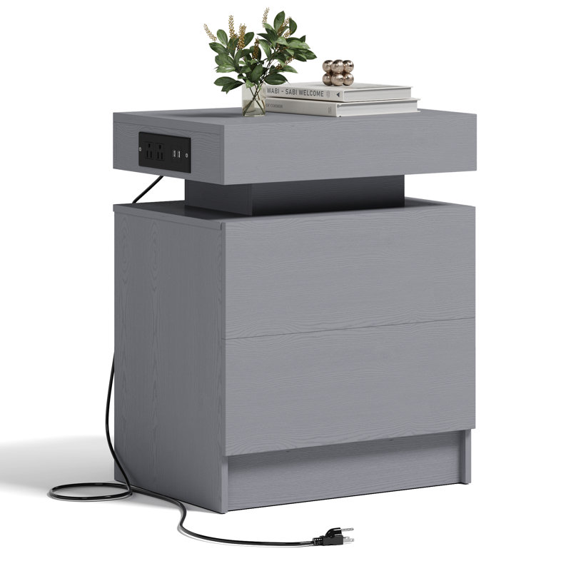 Table de chevet en bois avec station de charge Westerly, Gris, 2