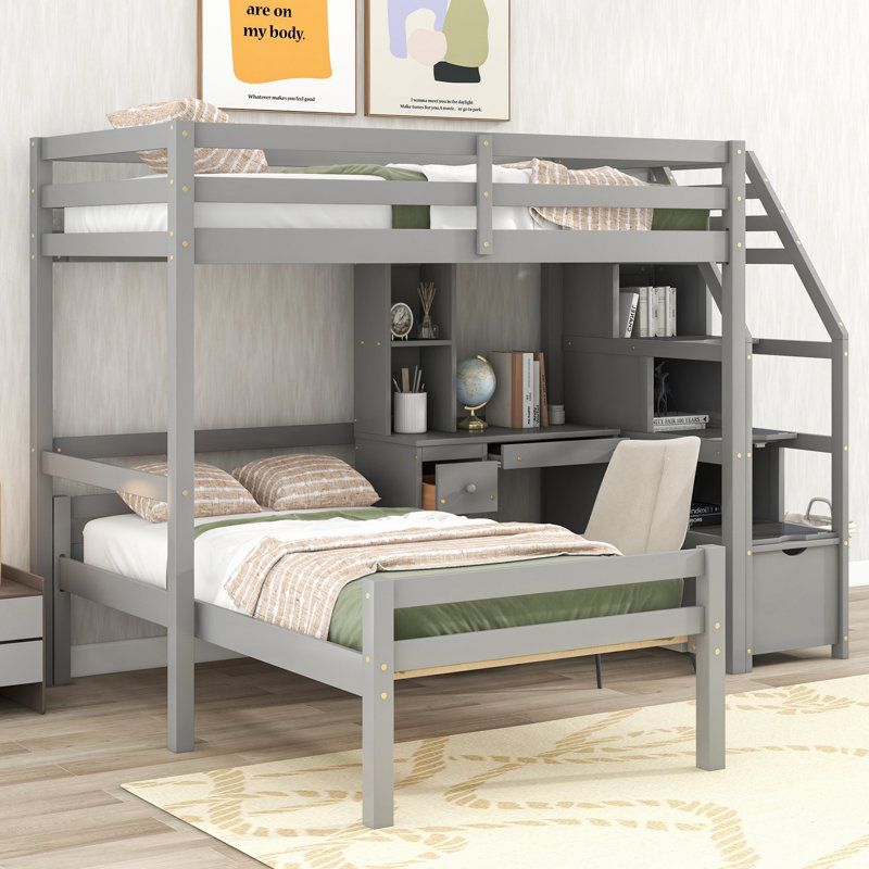 Lit mezzanine avec lit autonome, escalier de rangement, bureau, tablettes et tiroirs, Gris