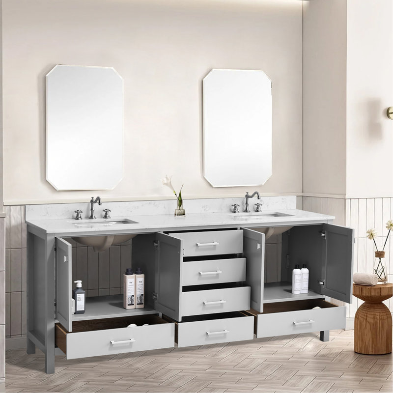 84'' Bathroom Vanity, Solid Wood Frame Bathroom Storage Cabinet, Freestanding Vanity Top With Double Basin Grey, 84", Grey