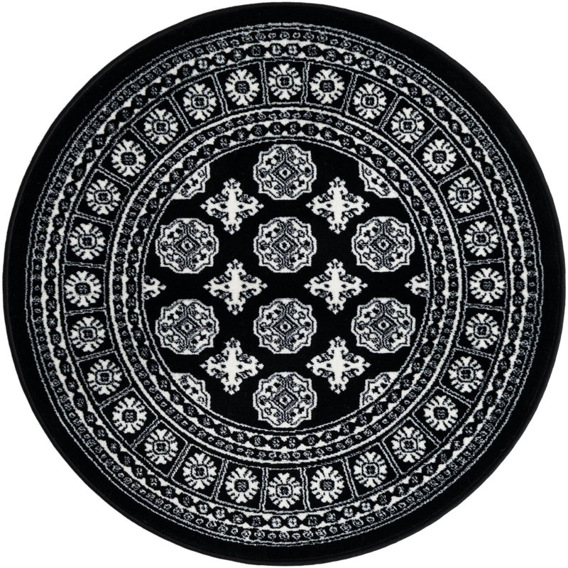 Tapis traditionnel Hinshaw noir et blanc, Rond 3 pi 3 po