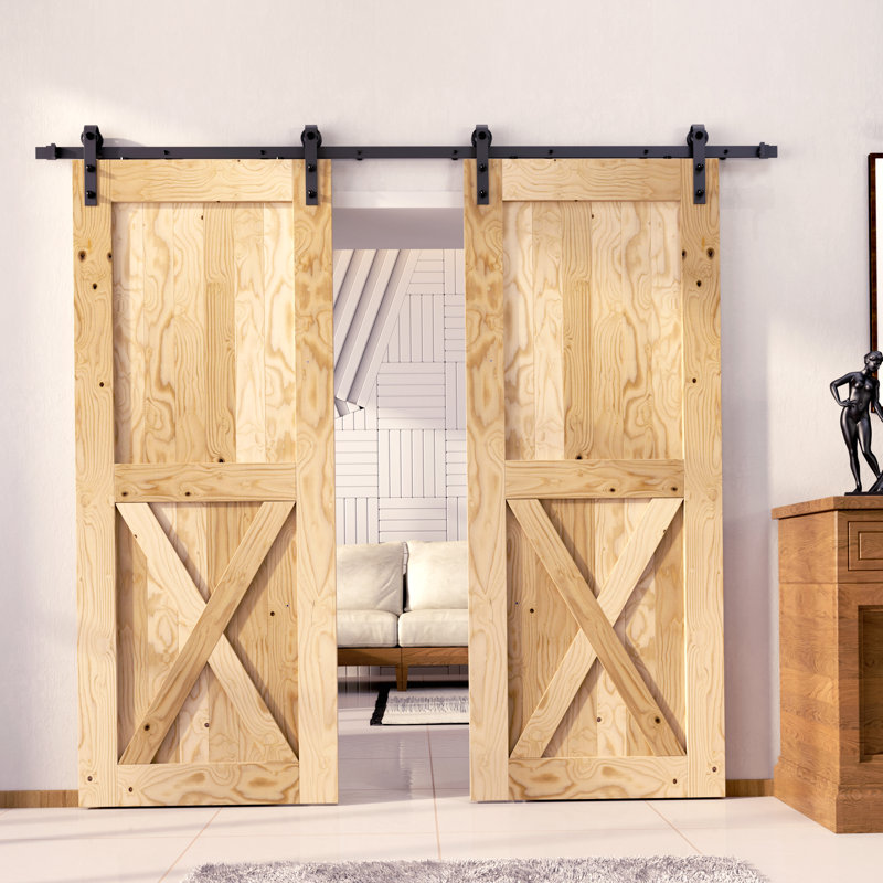 Deux portes de grange en bois de pin massif lambrissé non assemblé avec trousse de quincaillerie d'installation