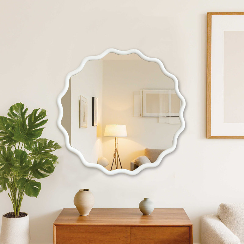 Miroir décoratif rond en bois massif de 36 pouces, pour chambre à coucher, salle de bain, salon, entrée, Blanc, 36 po x 36 po