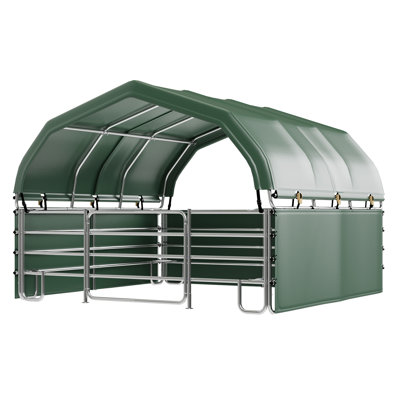 12 X 12 Ft Corral Shelter, Heavy Duty Round Style Canopy With Steel Frame Cover, Stables & Chicken Coops, Green