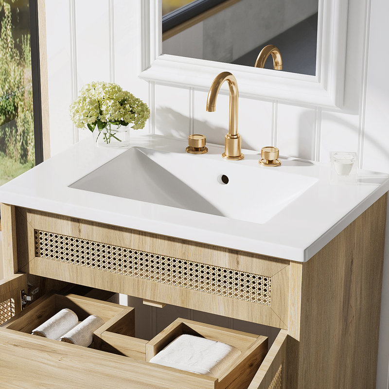 Bathroom Vanity With Handwoven Rattan Doors, Solid Wood Legs And Resin Basin For A Natural And Functional Bathroom Upgrade