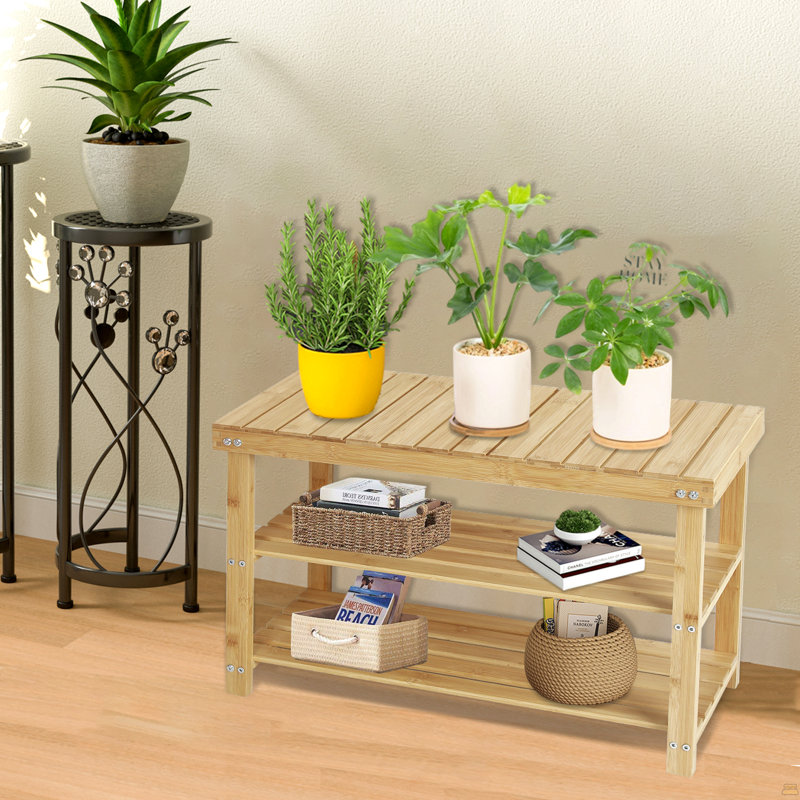 Banc à chaussures en bois massif 27,5 po, range-chaussures à 3 niveaux