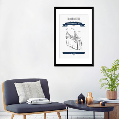 " W.L. Marble Trout Basket Patent Sketch (Navy Blue) " by Aged Pixel