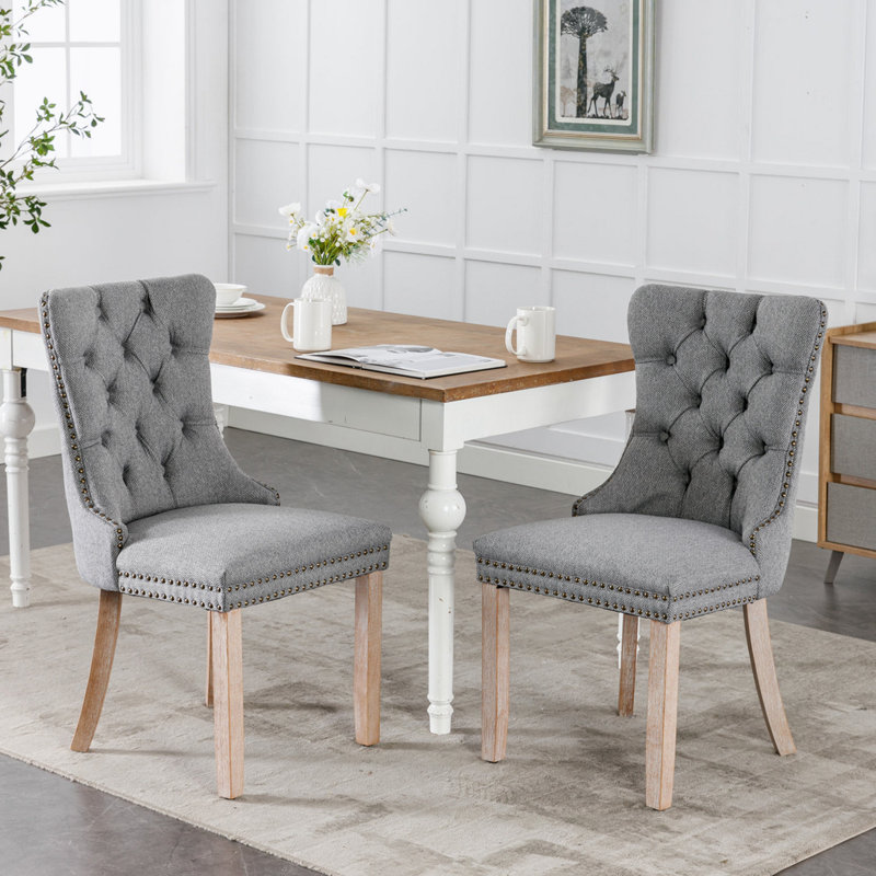 Chaise rembourrée Damine, Lin gris, Marron foncé
