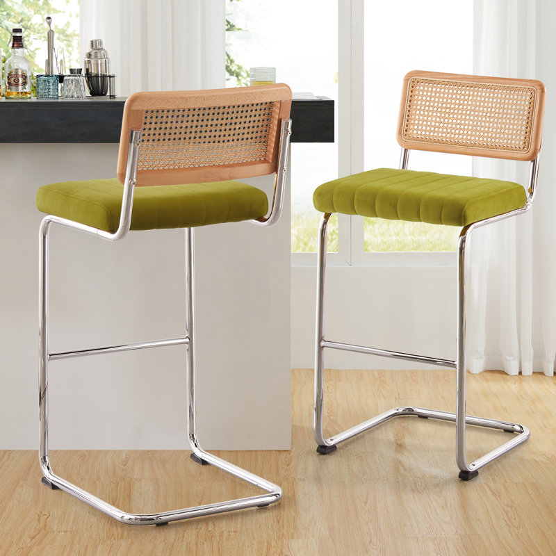 Tabouret rembourré en velours Krickelin, Argent, Vert olive, Tabouret de bar (siège d’une hauteur de 30 po)
