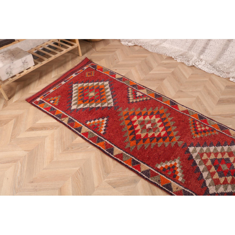 Tapis de couloir anatolien rétro en laine rouge Herki