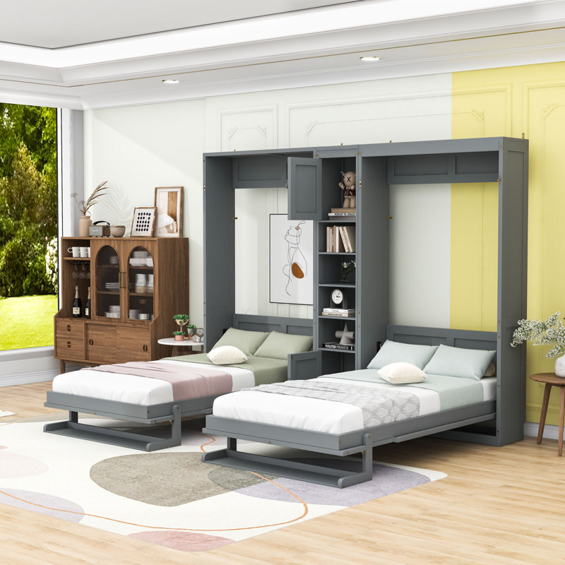 Lits simples escamotables en bois avec armoires et tablettes, gris
