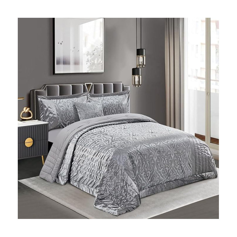 Bollara Velvet Damask Bedspread with Pillow Shams, Double/King Bedspread  + 2 Pillow Sham, Silver