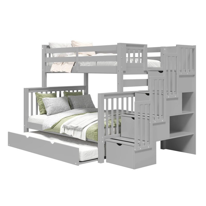 Tena Solid Wood Standard Twin over Full Bunk Beds with 4 Drawer Stairway and Trundle, Gray, Twin Over Full with Full Trundle