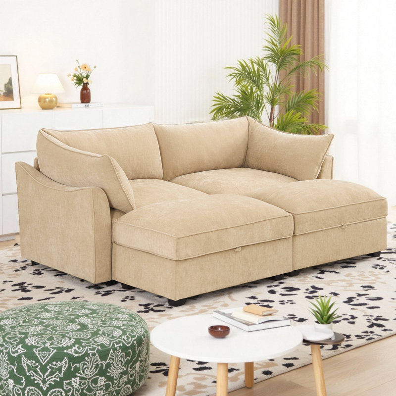 Canapé modulaire en tissu de chenille 2 places avec 2 repose-pieds mobiles et tiroirs de rangement cachés sous chaque siège, conception moderne et peu encombrante