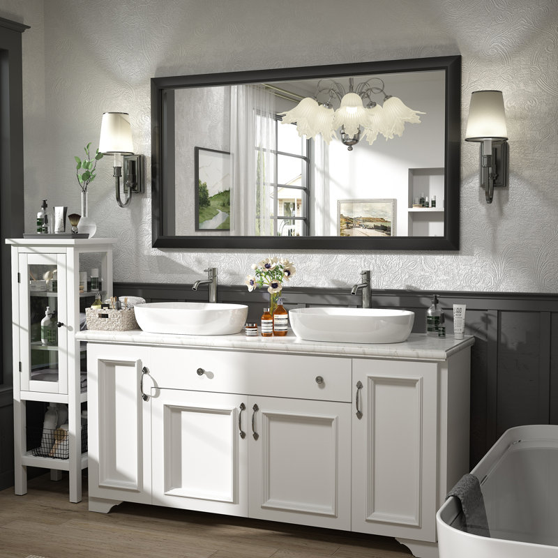 Amara Tempered Glass and Aluminum Alloy Framed Wall Mirror, Matte Black, 55" x 30"