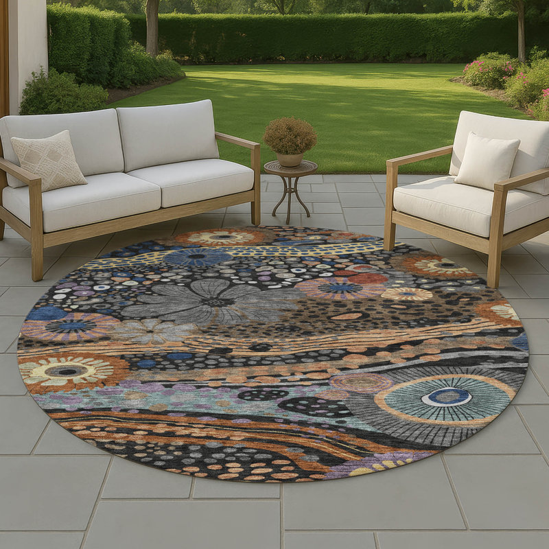 Machine Washable Indoor/Outdoor Chantille ACN2498 Floral Rug, 8' Round, Black