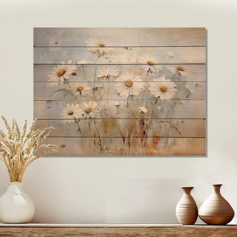 White Daisy Fields Elegance - Daisies Wood Wall Art On Natural Pine Wood, 24" H x 32" W