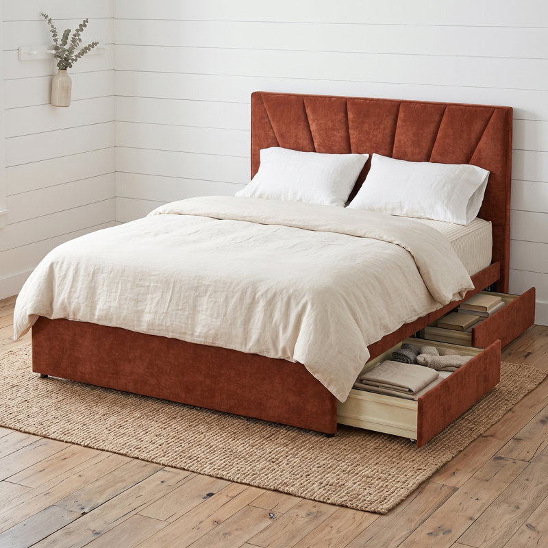 Lit tapissier moderne capitonné, grand, lin caramel, Grand lit, Caramel