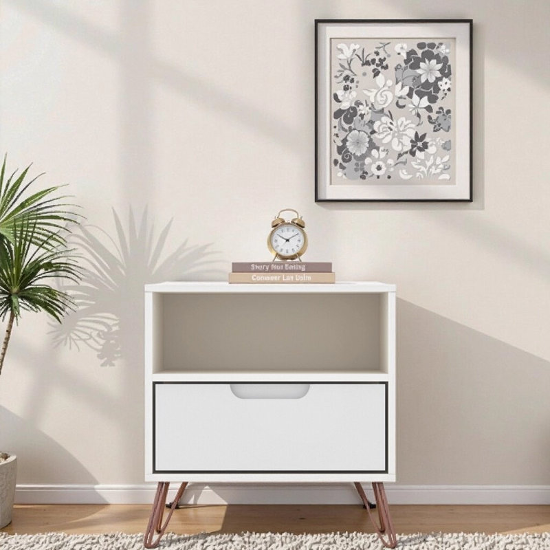 Table de chevet blanche Mid-Century de 20 po avec 1 tiroir et tablette ouverte Rockefeller, pieds évasés en métal, White