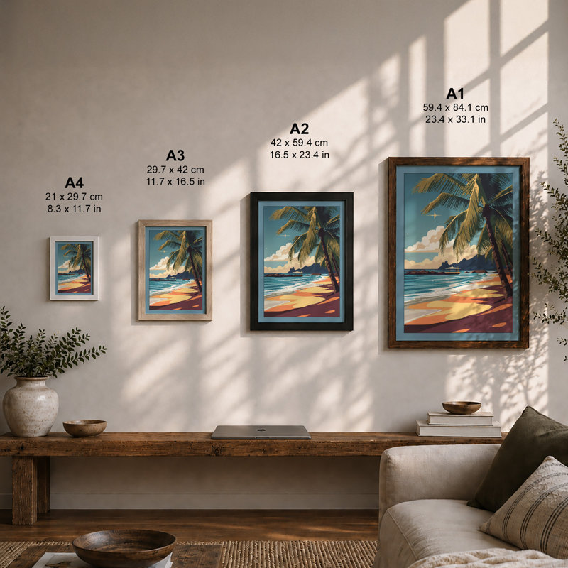 Tropical Beach Retreat Coastal - Framed Print, A3 - 42.0 x 29.7 cm, White