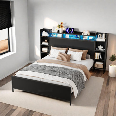 Twin Bed Frame with Storage Bookcase Headboard, LED Lights and Charging Station