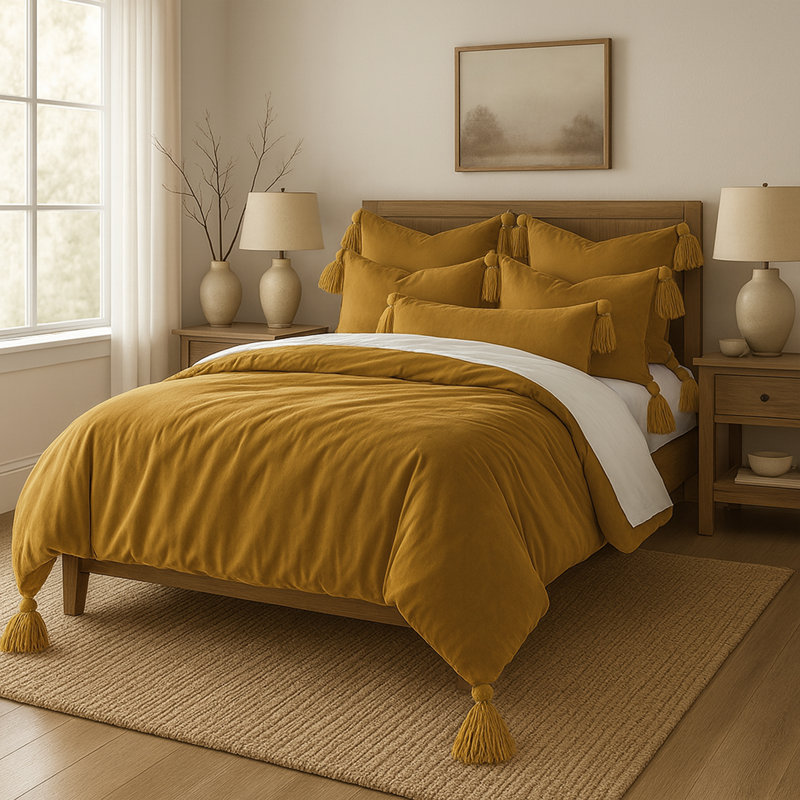 Cascade pompon au curry, Housse de couette pour très grand lit californien, Cari