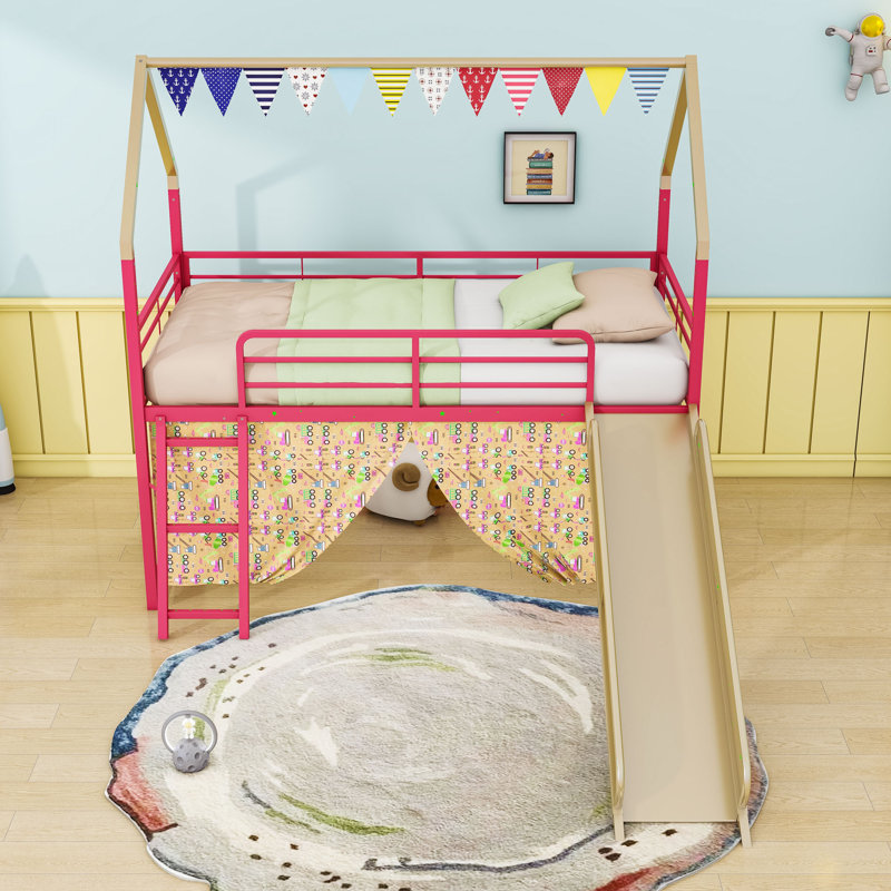 Twin Metal House Loft Bed With Slide And Playful Accessories, Gold/Red