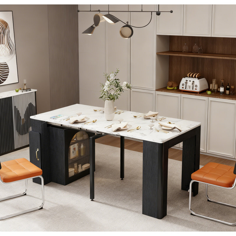 Table de salle à manger extensible avec feuilles amovibles, prise de courant et rangement, Blanc, Noir