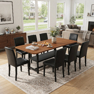 Ensemble de table de salle à manger rectangulaire pour 8 personnes, ensemble de table de salle à manger 71 po avec 8 chaises rembourrées et tablette de rangement, plateau de table en bois avec structure en métal noir