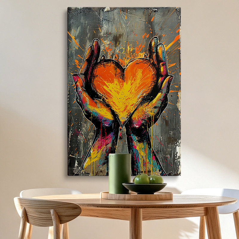 Art mural sur toile représentant des mains formant un cœur, dans un style graffiti urbain moderne, 40" H×28" W