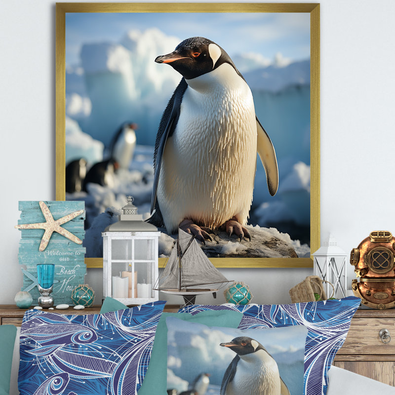 «Snow Dream Penguin Pioneers I», art mural sur toile pingouin, H 36 po x l 36 po, Cadre doré simple