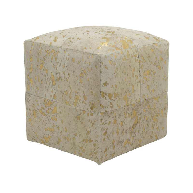 Rutha Square Leather Ottoman, GOLD ON IVORY Genuine Leather