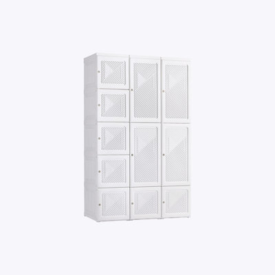 Portable Wardrobe Closet, Folding Bedroom Armoire, Clothes Storage Organizer with 11 Cube Compartments, Hanging Rod, Magnet Doors, White