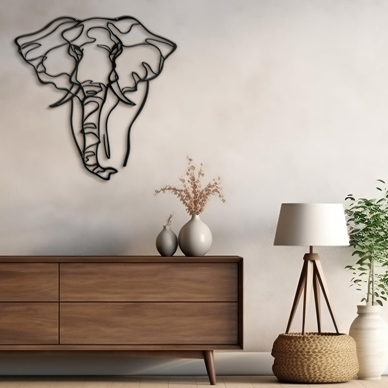 Elephant Animals Black Minimalist Modern Abstract Wall Sculpture Home Decoration Metal Wall Décor, 36" H x 36" W x 0.05" D