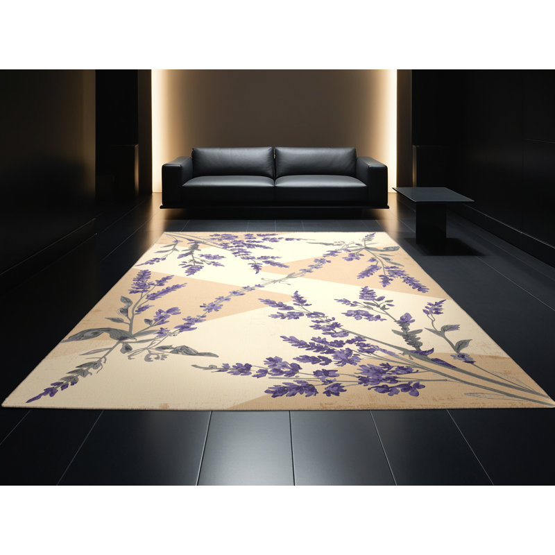 Tapis lavande lavable à la machine à motif floral de campagne française beige, 5 x 8