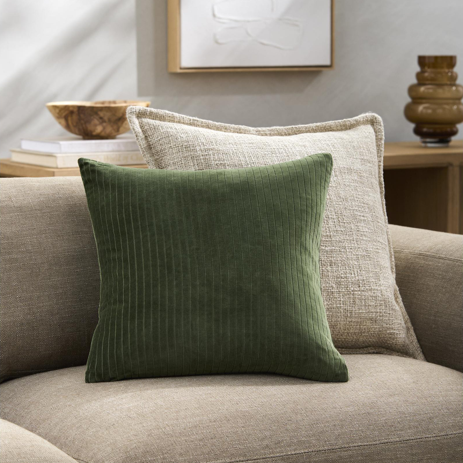 Cotton Throw Pillow, Down, 20" x 20", Olive