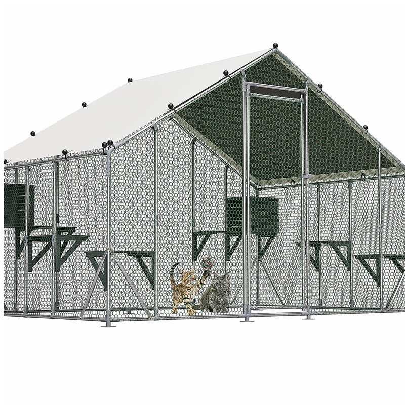 Cage à chat d'extérieur en métal extra robuste de 3 x 2 m - plateforme en bois massif de bricolage, double verrou de sécurité et stabilité accrue, utilisation multi-animaux, bâche imperméable incluse