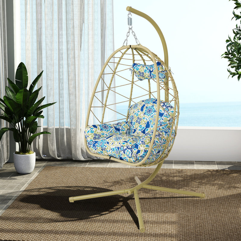 Fauteuil suspendu suspendu en osier avec support et coussin lavable pour patio, Cyan Floral, Green